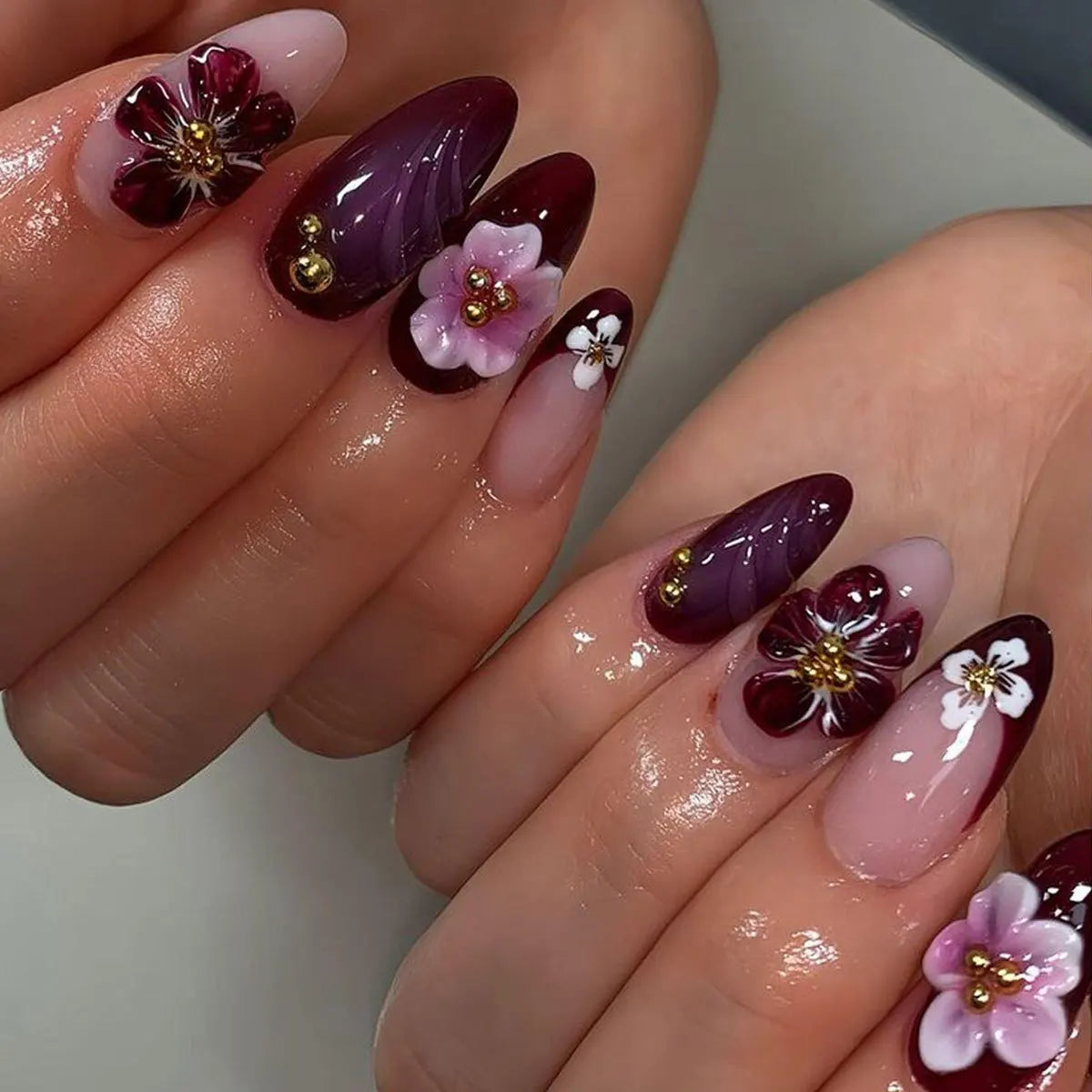 Luxury floral press on nails featuring elegant floral designs and a gel-finish manicure, perfect for stylish occasions.