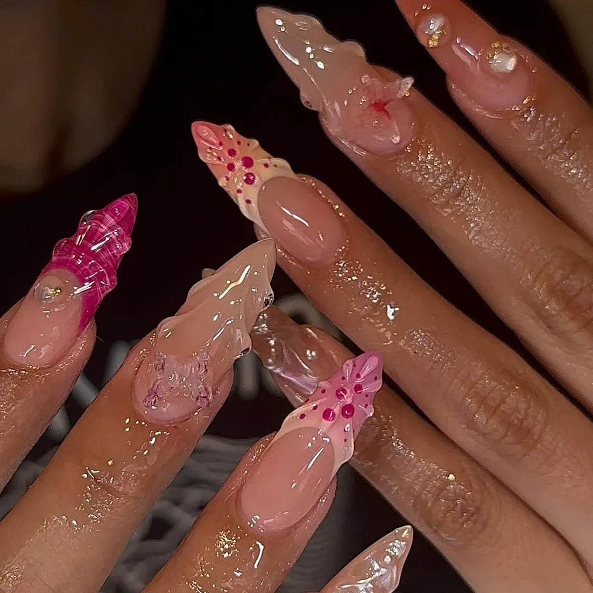 Luxury floral press on nails featuring elegant floral designs and a gel-finish manicure, perfect for stylish occasions.