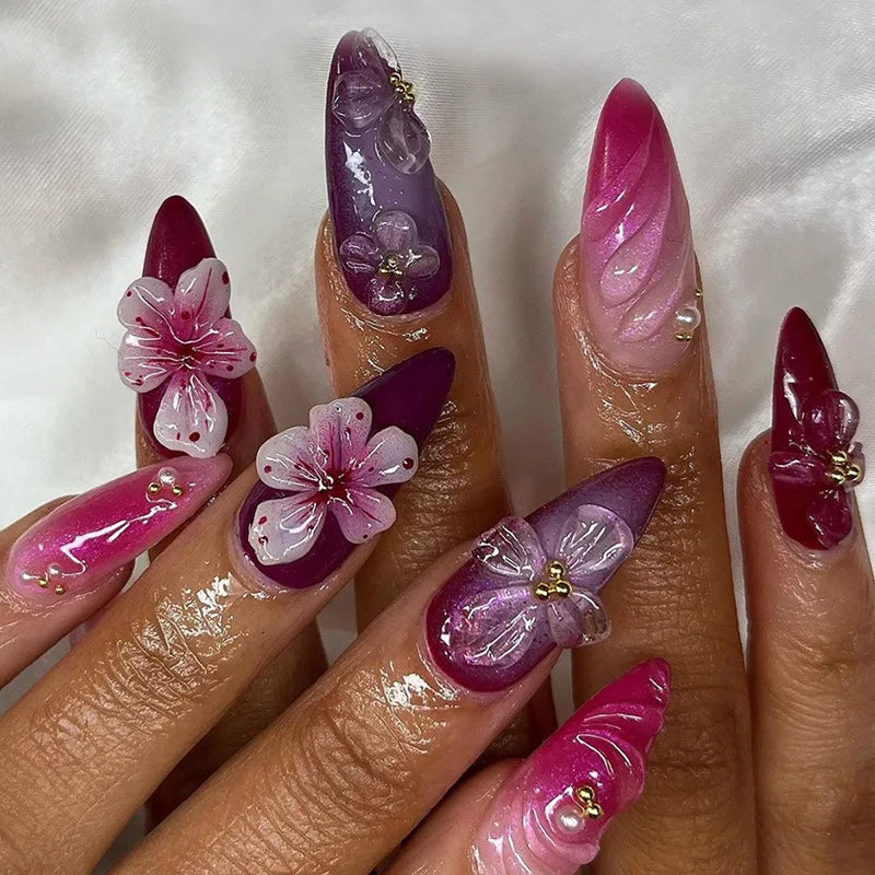 Luxury floral press on nails featuring elegant floral designs and a gel-finish manicure, perfect for stylish occasions.